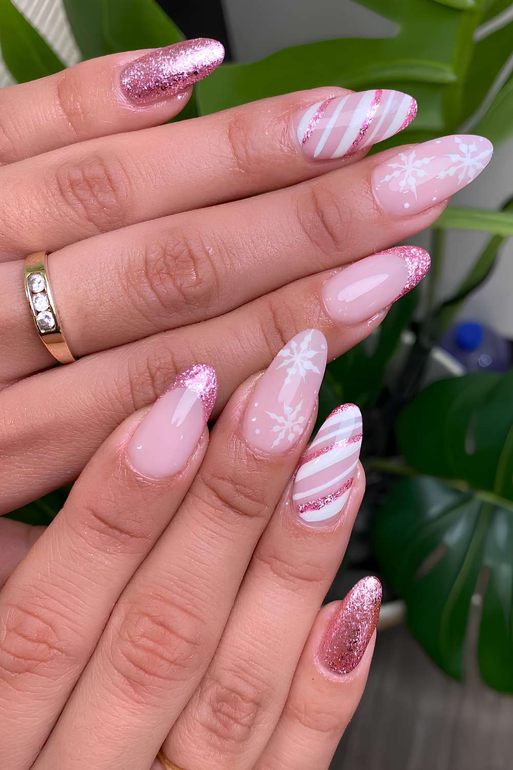 Long Almond Pink Glitter French Tips — Christmas Pink Nails