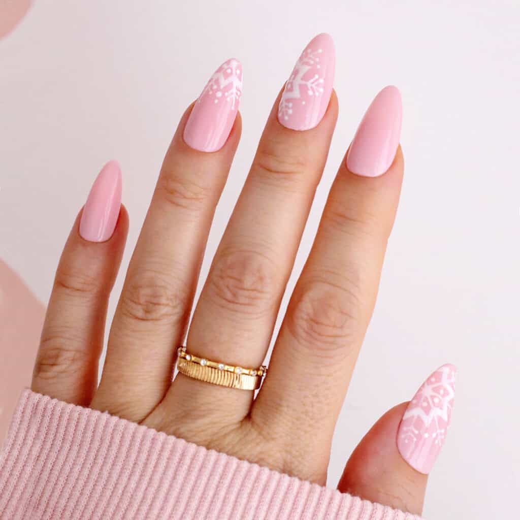 Long Almond Soft Pink Snowflake Nails — Christmas Pink Nails
