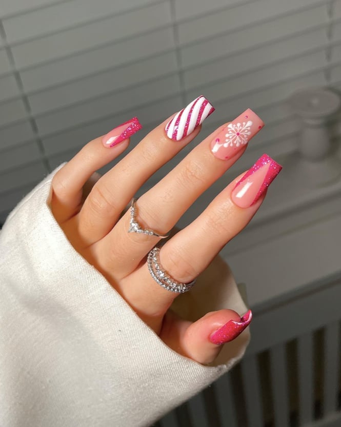 Long Square Pink Glitter Snowflake Stripes — Christmas Pink Nails