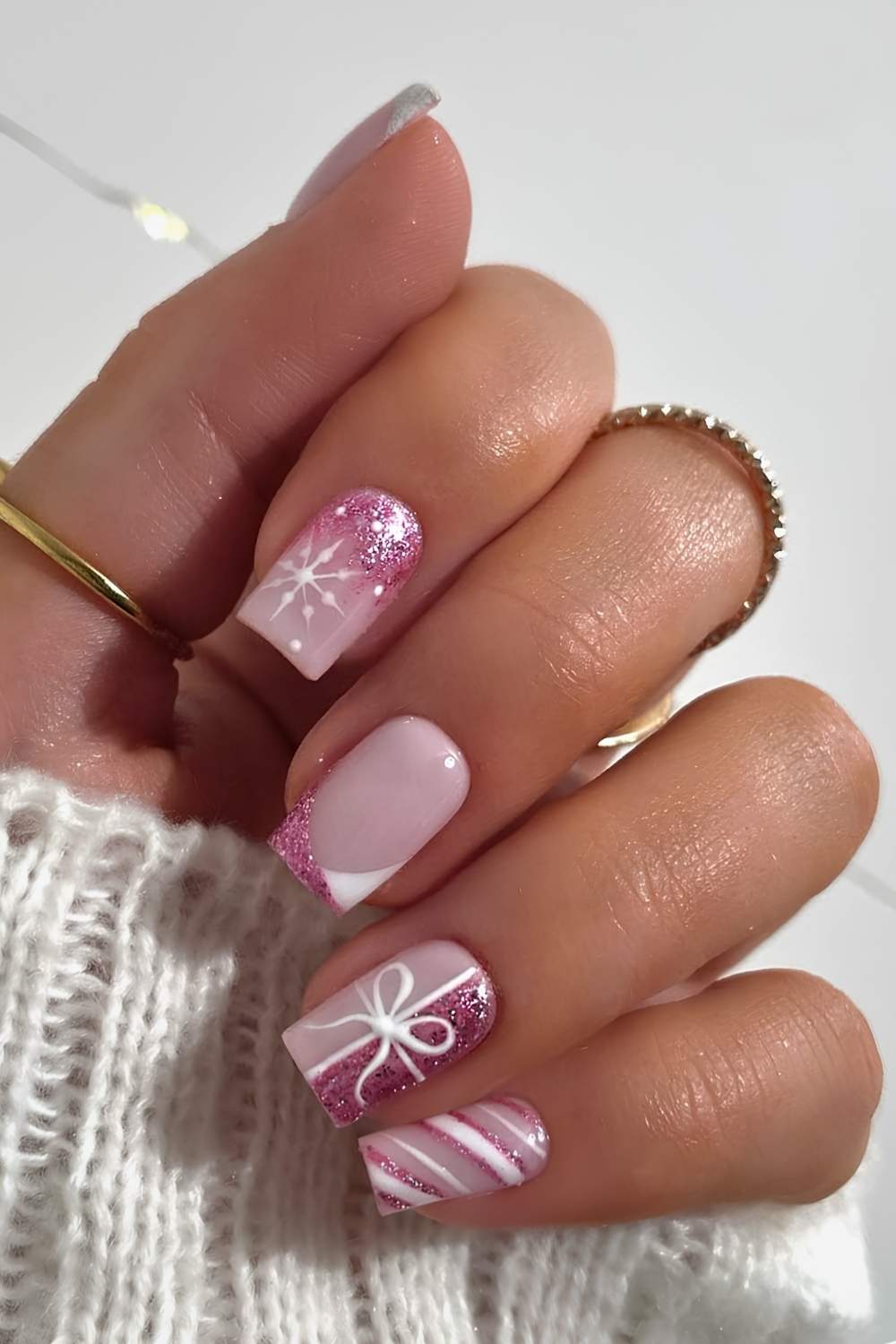 Short Almond Pink Christmas Character Nails — Christmas Pink Nails