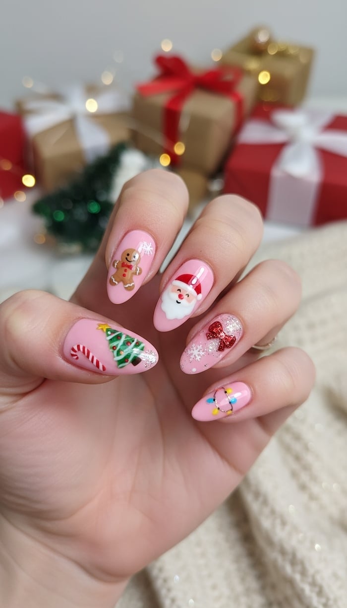 Short Almond Festive Character Art Nails — Christmas Pink Nails