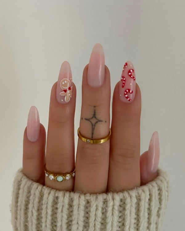 Long Stiletto Pink Gingerbread Candy Cane — Christmas Pink Nails