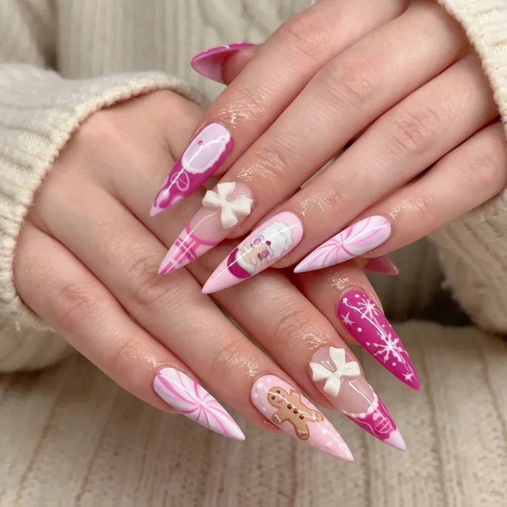 Long Stiletto Pink Christmas Character Plaid — Christmas Pink Nails