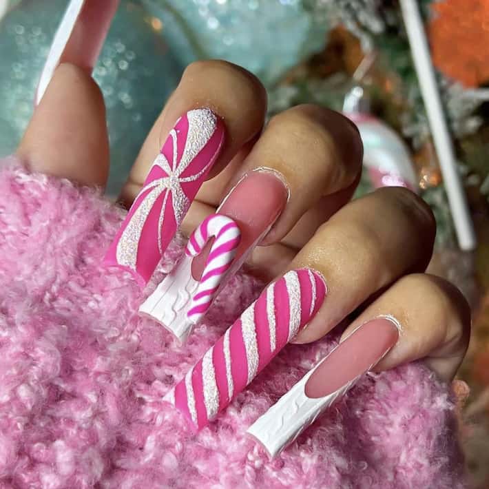 Extra Long Square Pink Candy Cane Nails — Christmas Pink Nails