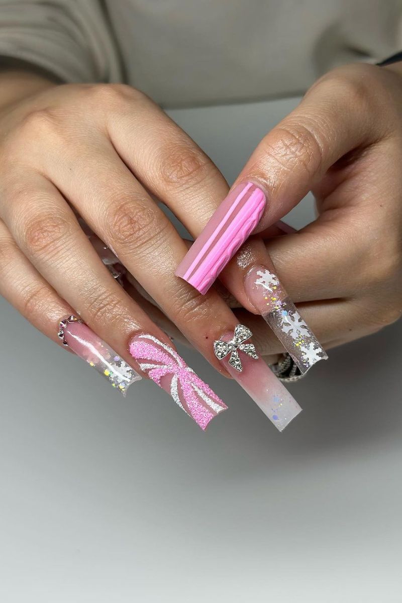 Extra Long Square Pink Glitter Bow Rhinestones — Christmas Pink Nails