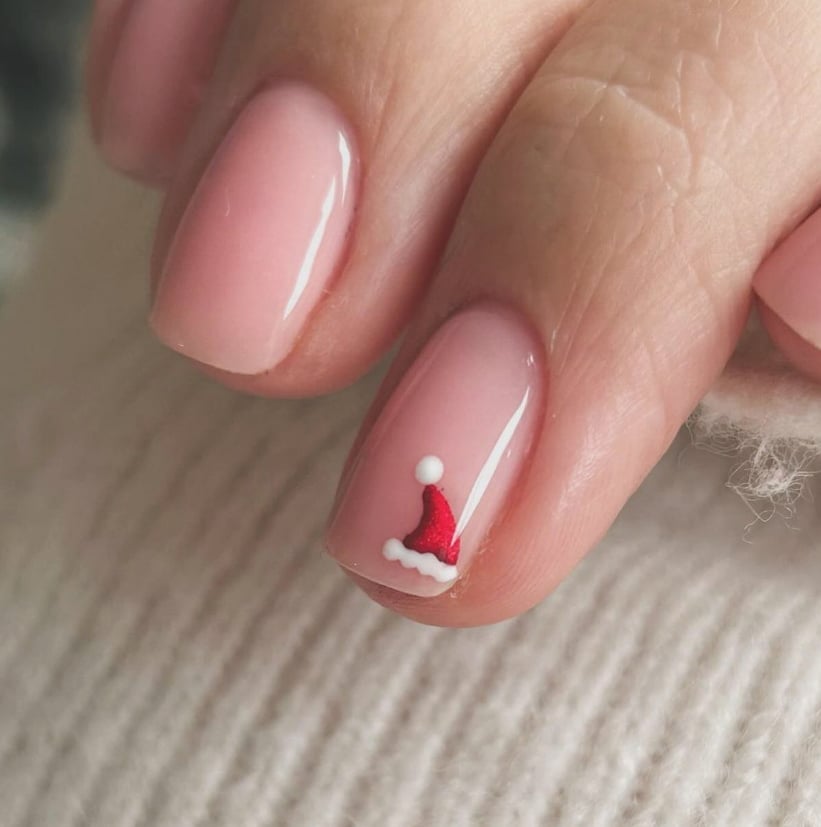 Short Square Santa Hat Accent Nail — Christmas Pink Nails