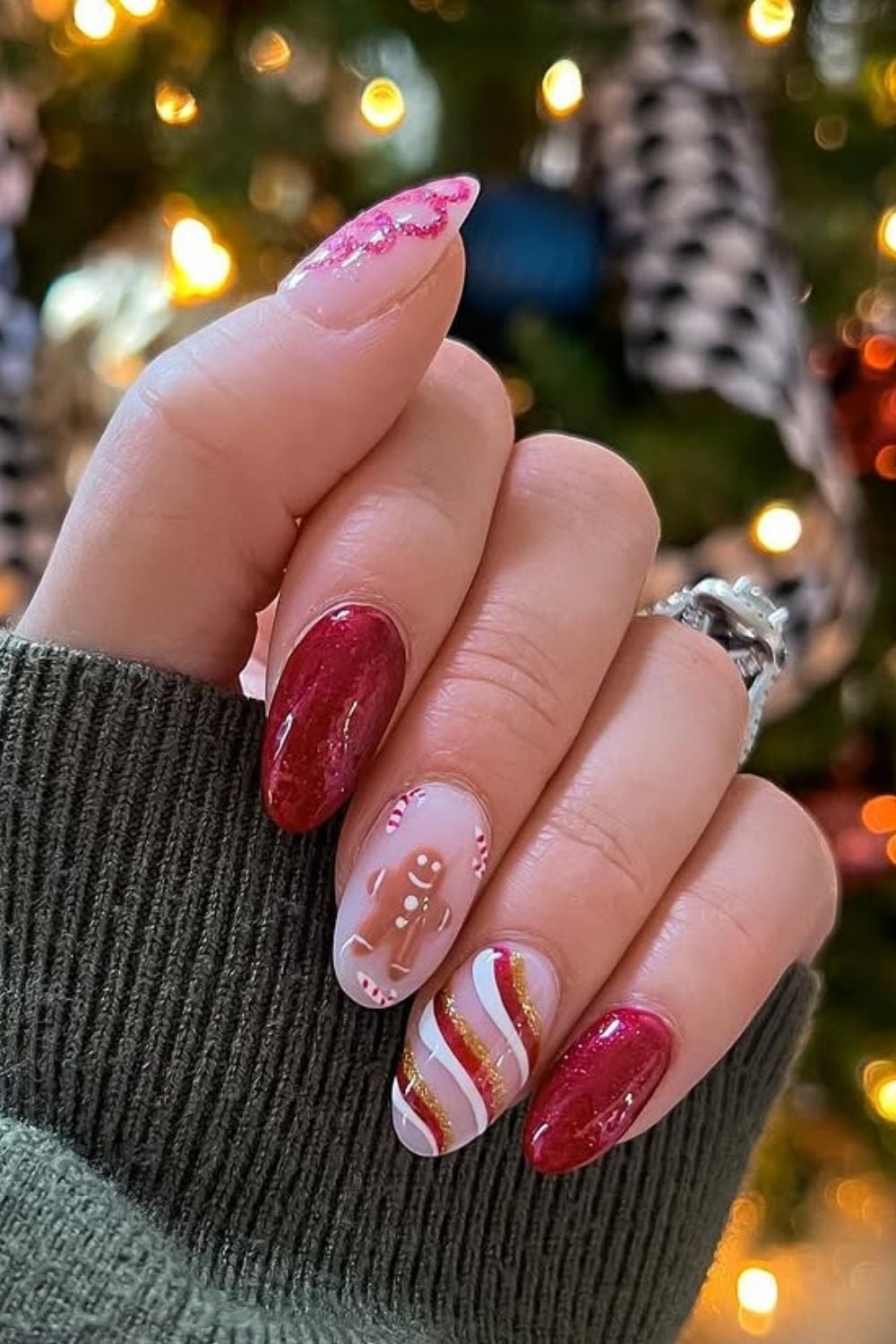 Short Oval Gingerbread Candy Cane Nails — Christmas Pink Nails