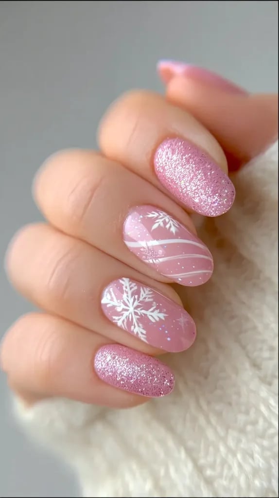 Medium Oval Pink With Silver Glitter Snowflakes — Christmas Pink Nails