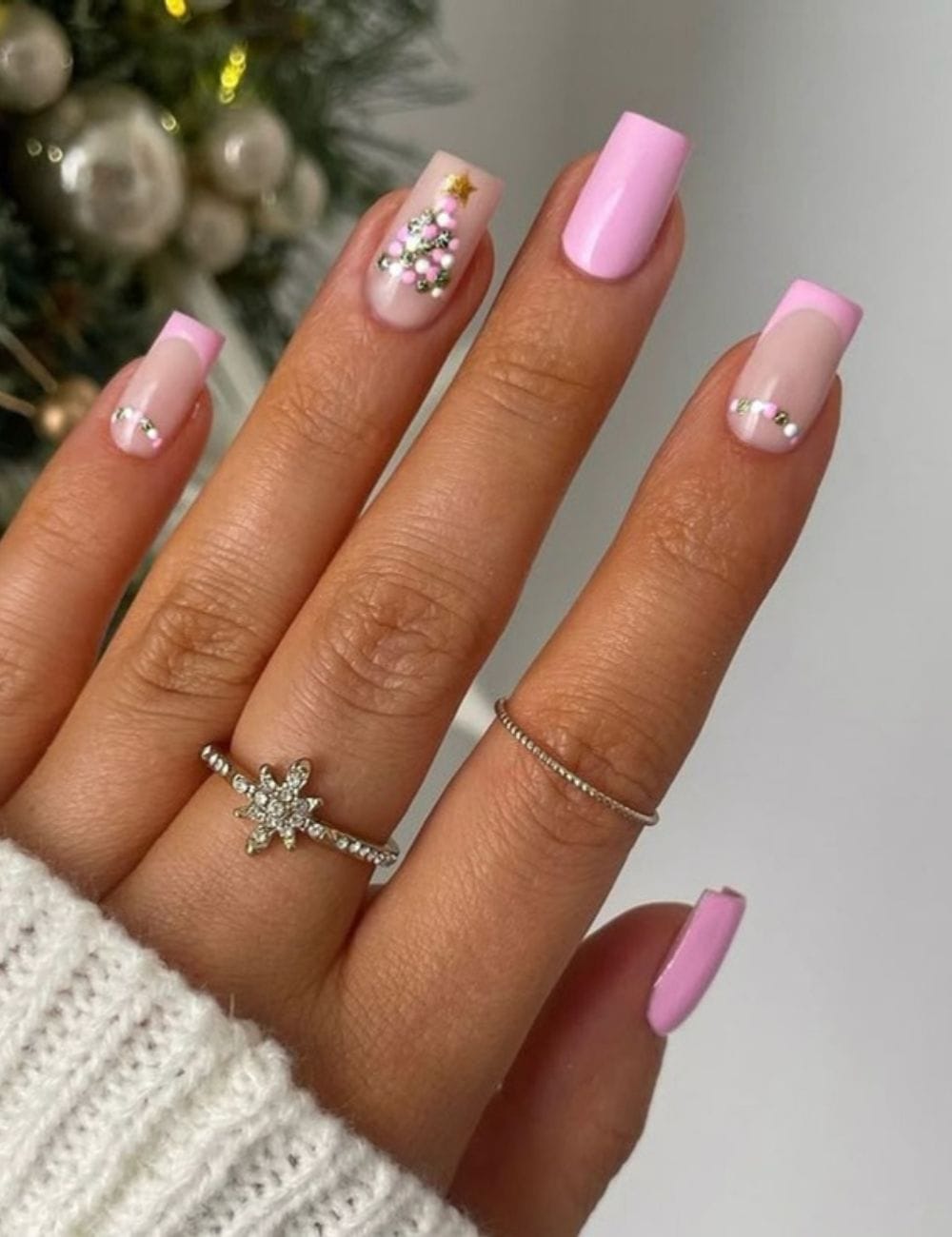 Medium Square Pink Christmas Tree French Tip — Christmas Pink Nails