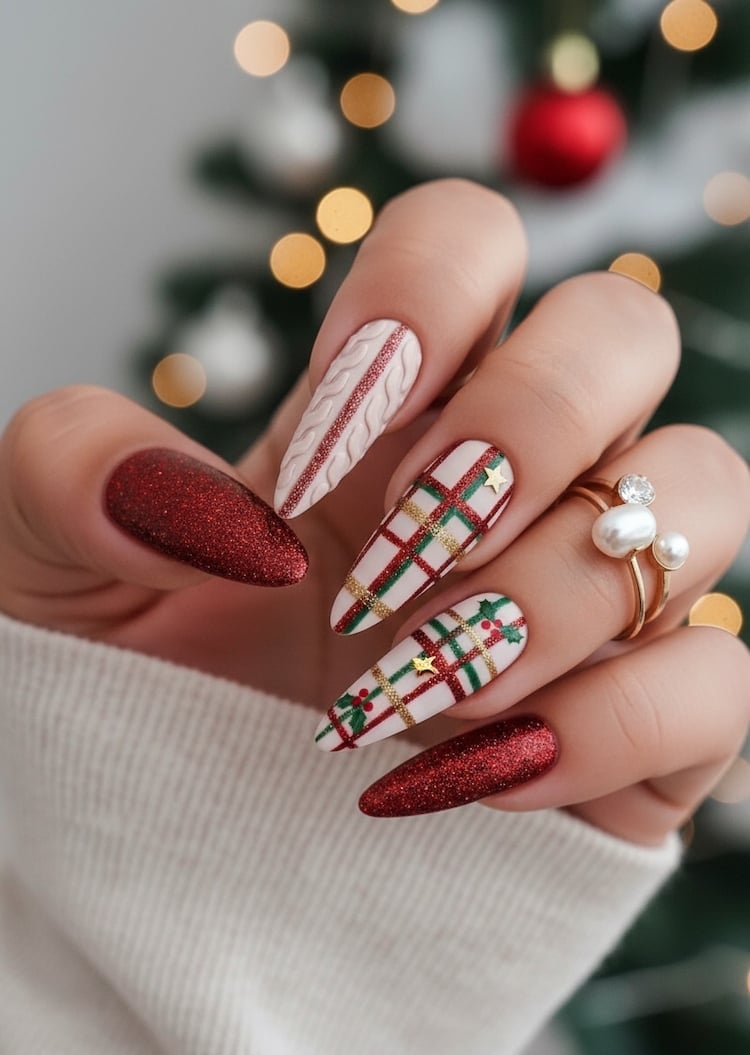 Long Almond Christmas Plaid and Glitter Nails — Christmas Plaid Nails