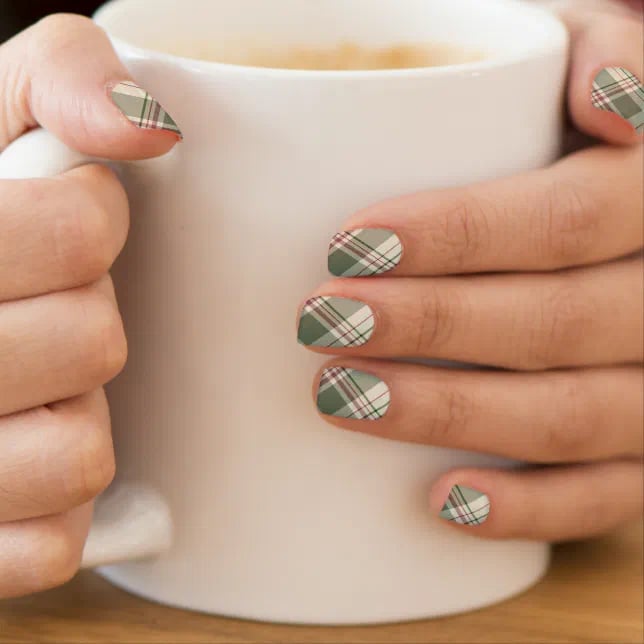 Short Square Green Red White Plaid Nails — Christmas Plaid Nails