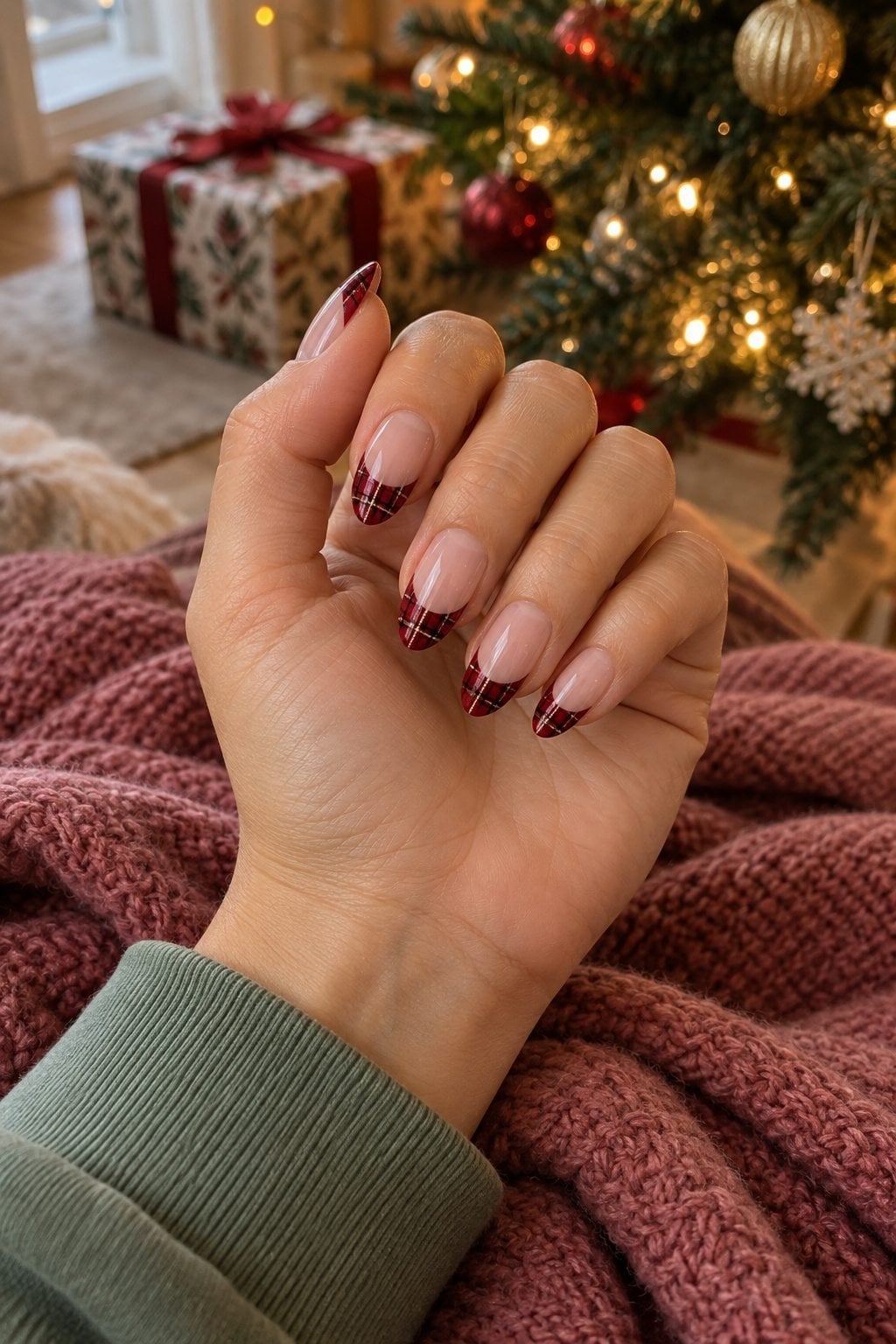 Medium Almond Plaid French Manicure Nails — Christmas Plaid Nails