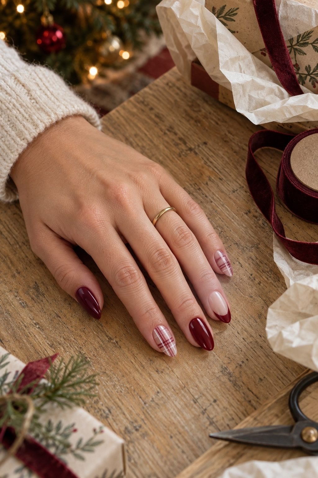 Medium Almond Plaid French Tip Nails, миндаль — Christmas Plaid Nails