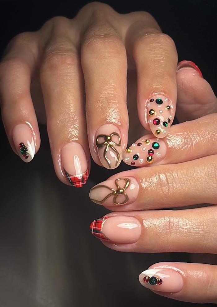 Medium Almond Plaid French Tips with Bows, Close-Up Take — Christmas Plaid Nails