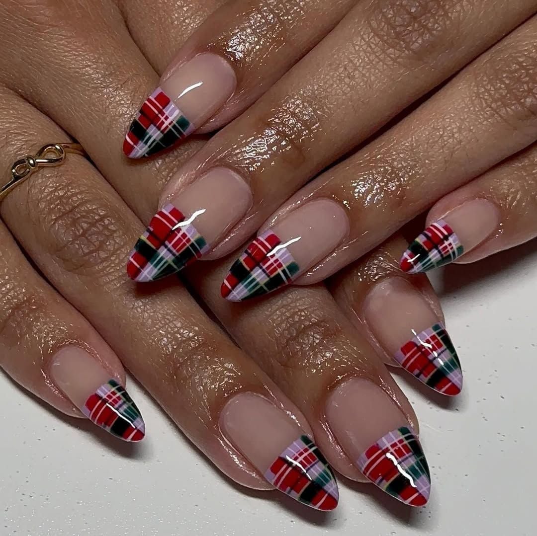 Medium Stiletto Plaid French Tip Nails, And Purple Hues — Christmas Plaid Nails