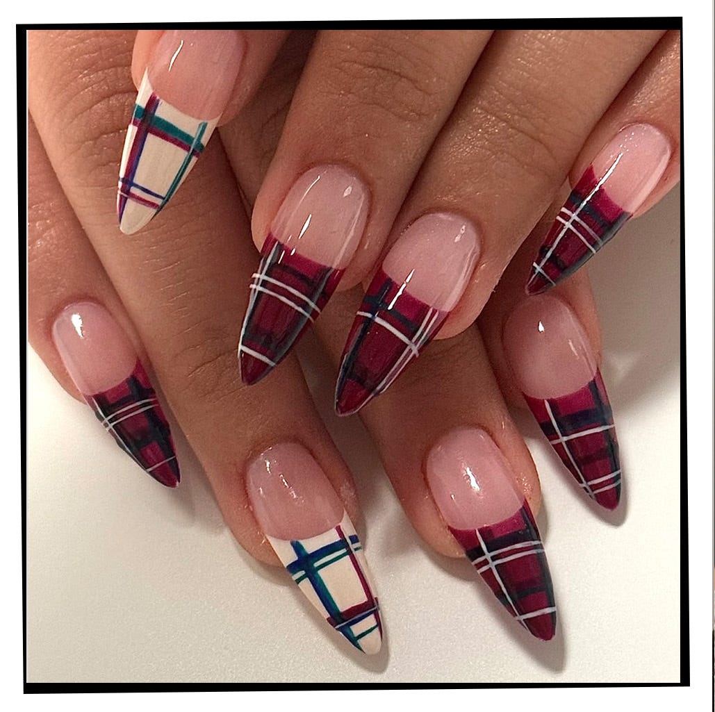 Long Stiletto Plaid Tip Nails — Christmas Plaid Nails