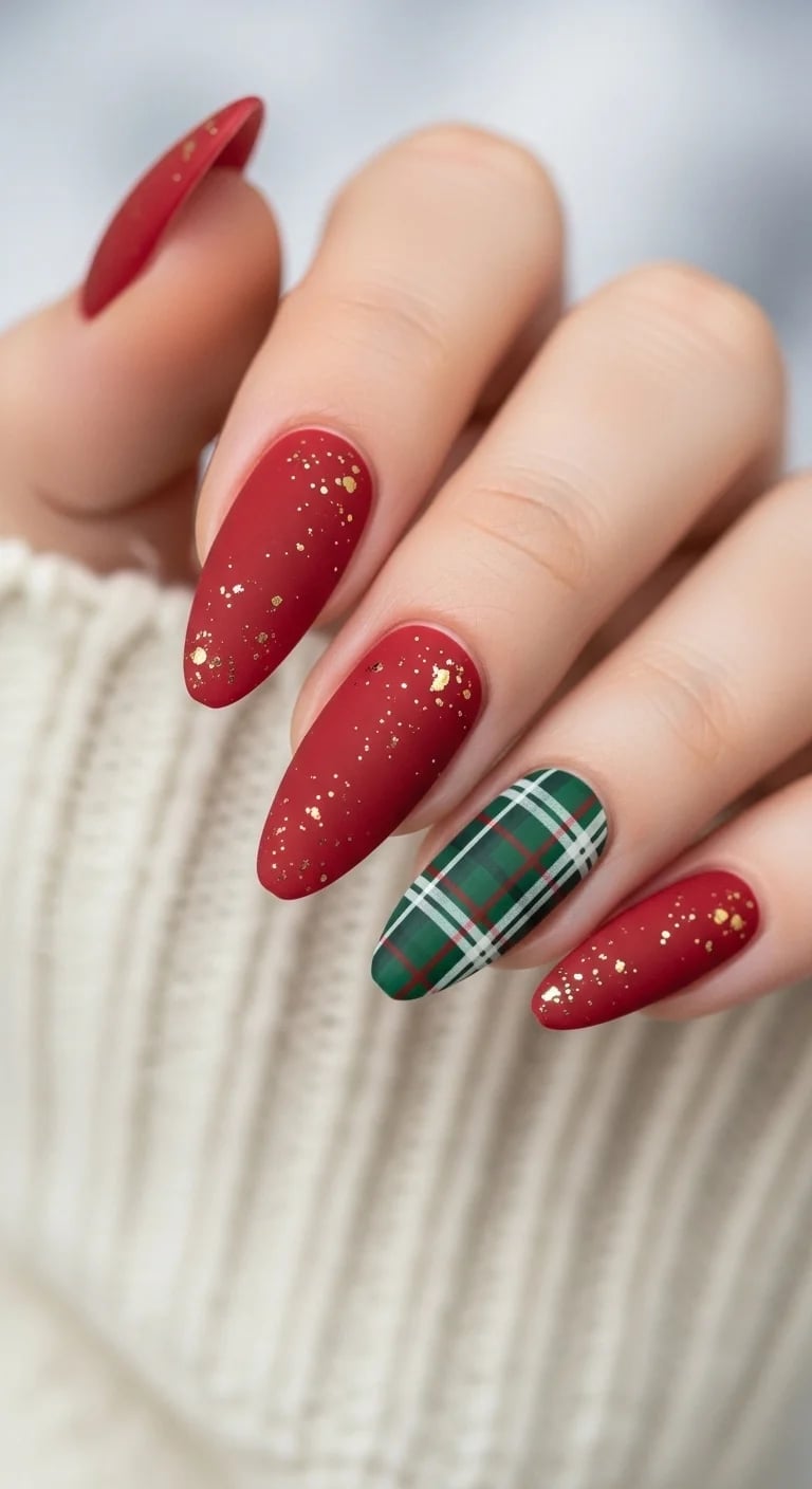 Medium Almond Matte Red with Plaid Accent — Christmas Plaid Nails