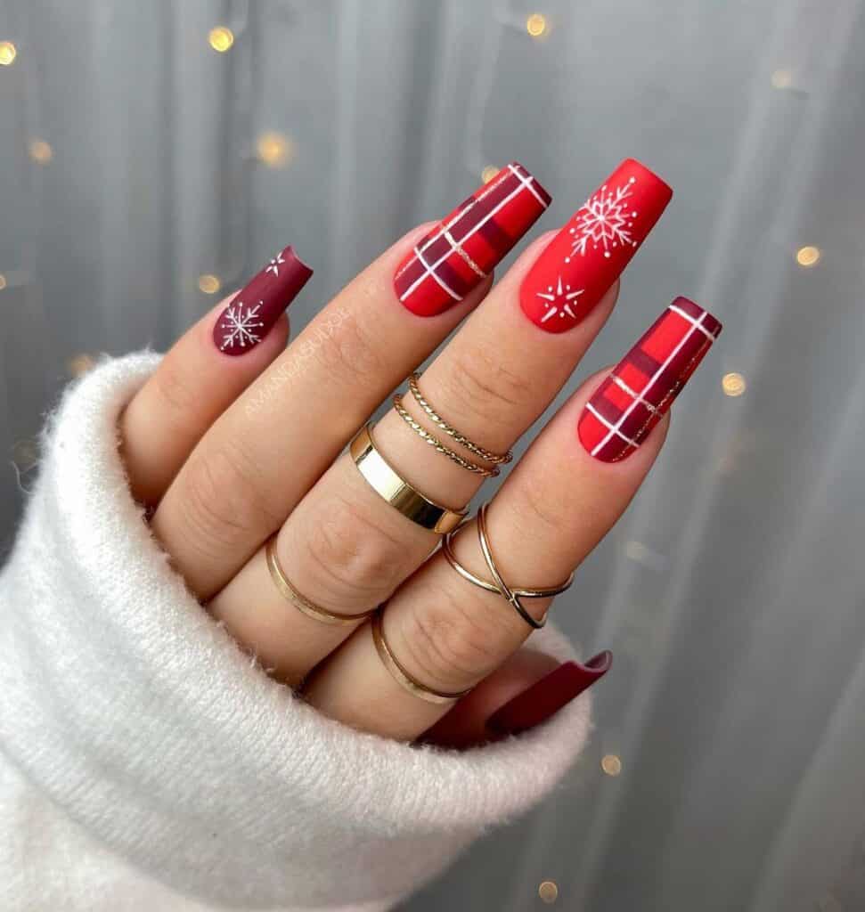 Long Square Matte Red Plaid Snowflake Nails — Christmas Plaid Nails