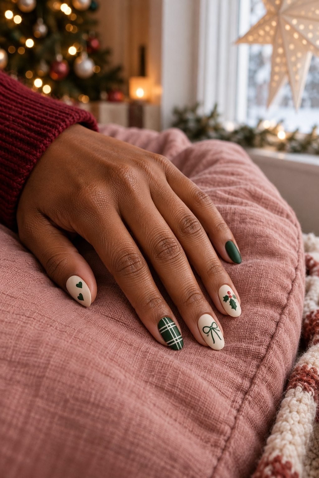 Short Oval Christmas Motif Nails — Christmas Plaid Nails