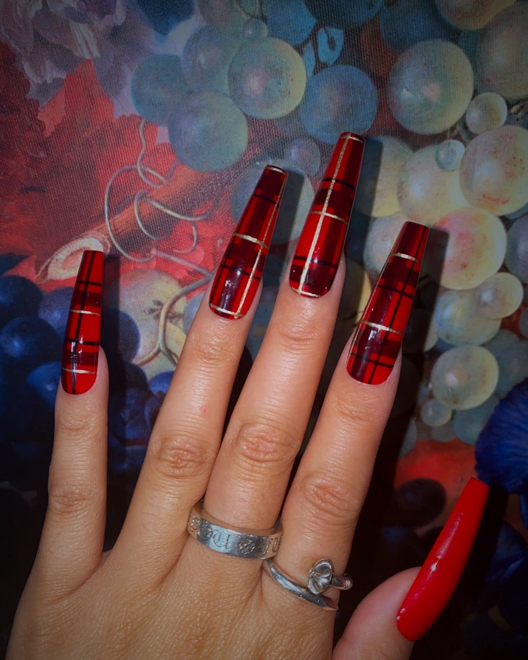 Long Coffin Red Black Gold Plaid Nails — Christmas Plaid Nails