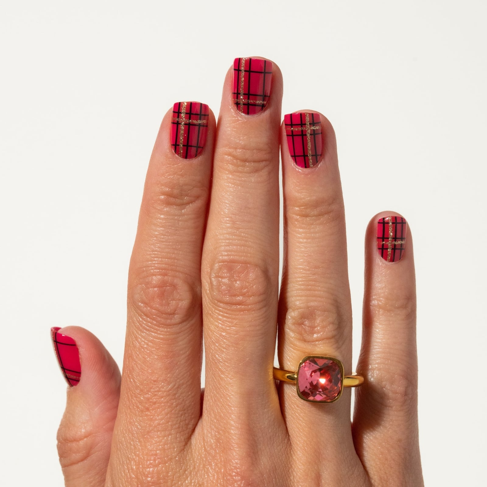 Short Square Red Black Gold Glitter Plaid — Christmas Plaid Nails