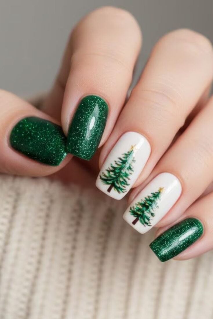 Short Square White With Detailed Green Tree Art — Christmas Tree Nails