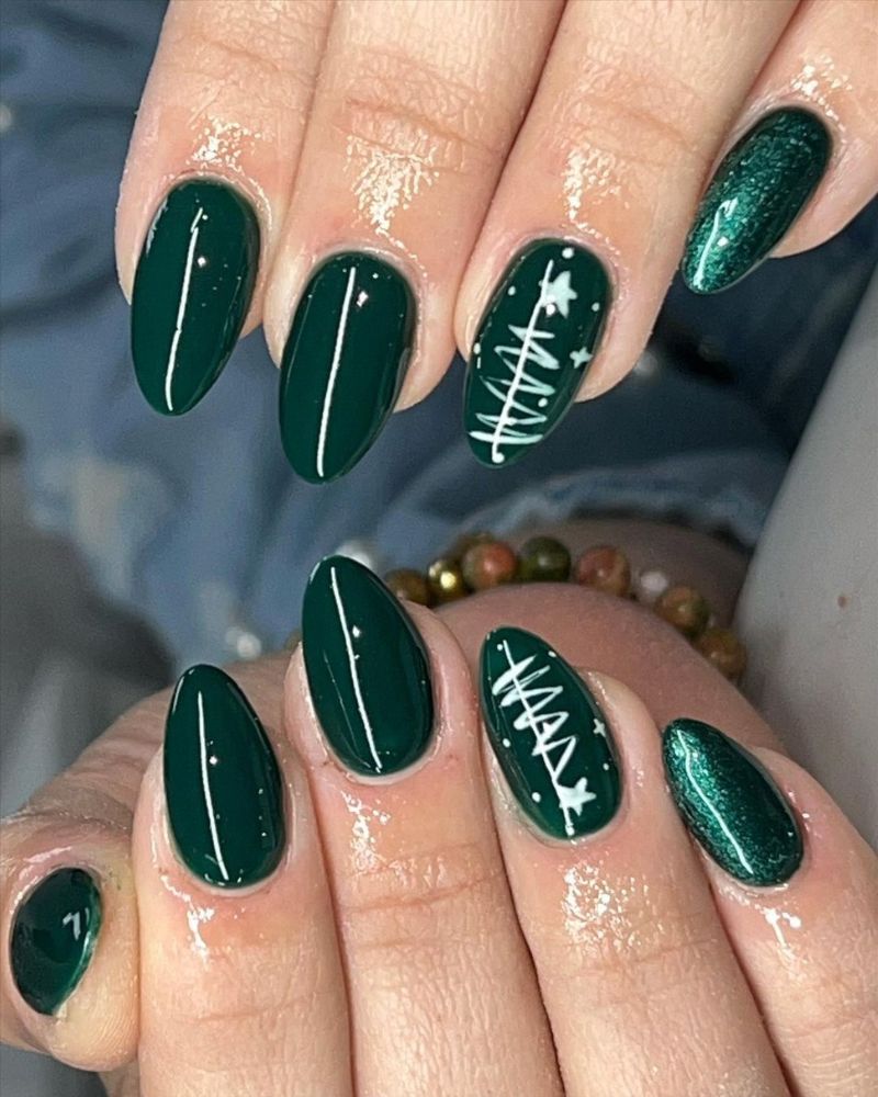 Medium Almond Deep Green With White Tree Designs — Christmas Tree Nails