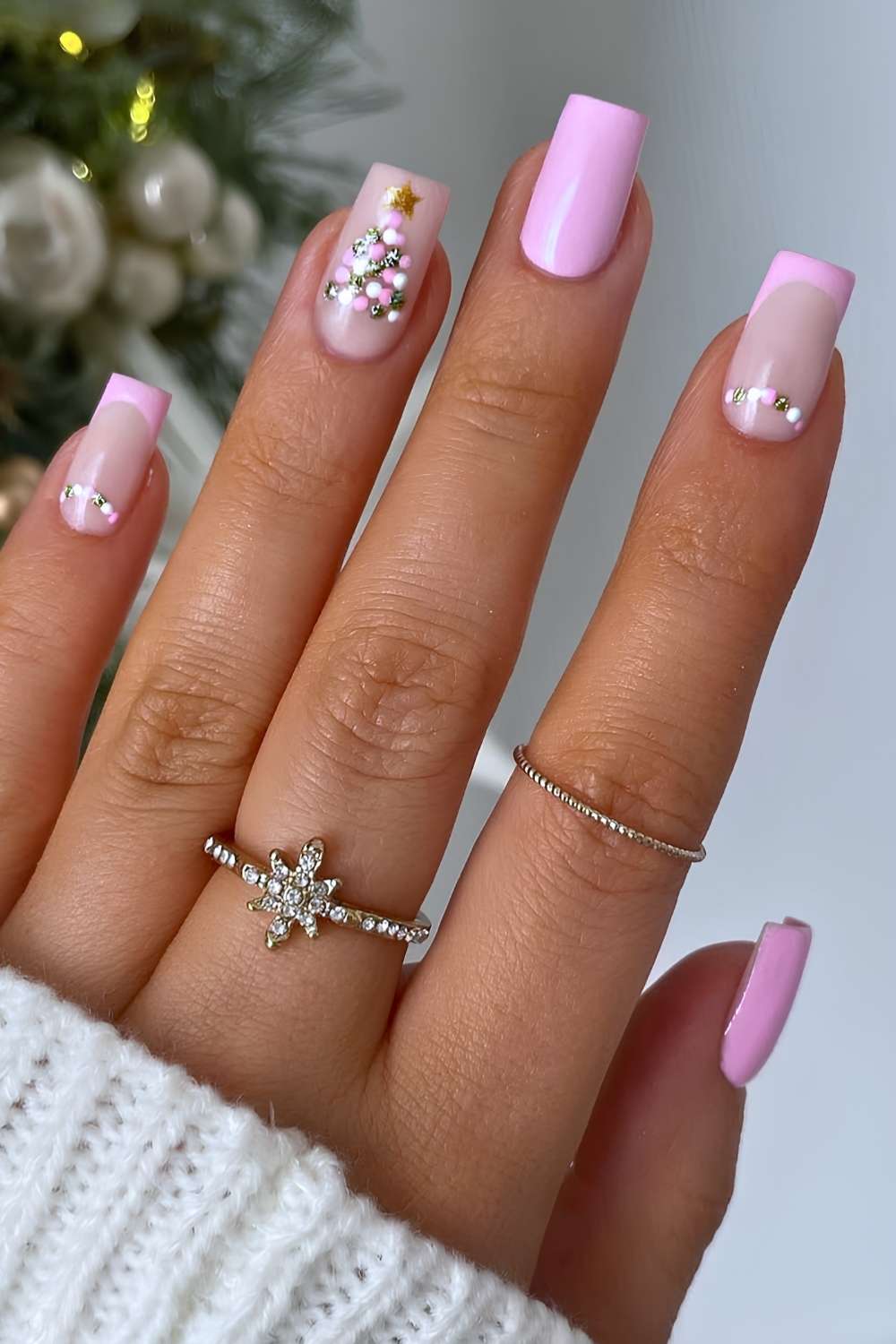 Medium Square Pink With Glitter Tree French Manicure — Christmas Tree Nails
