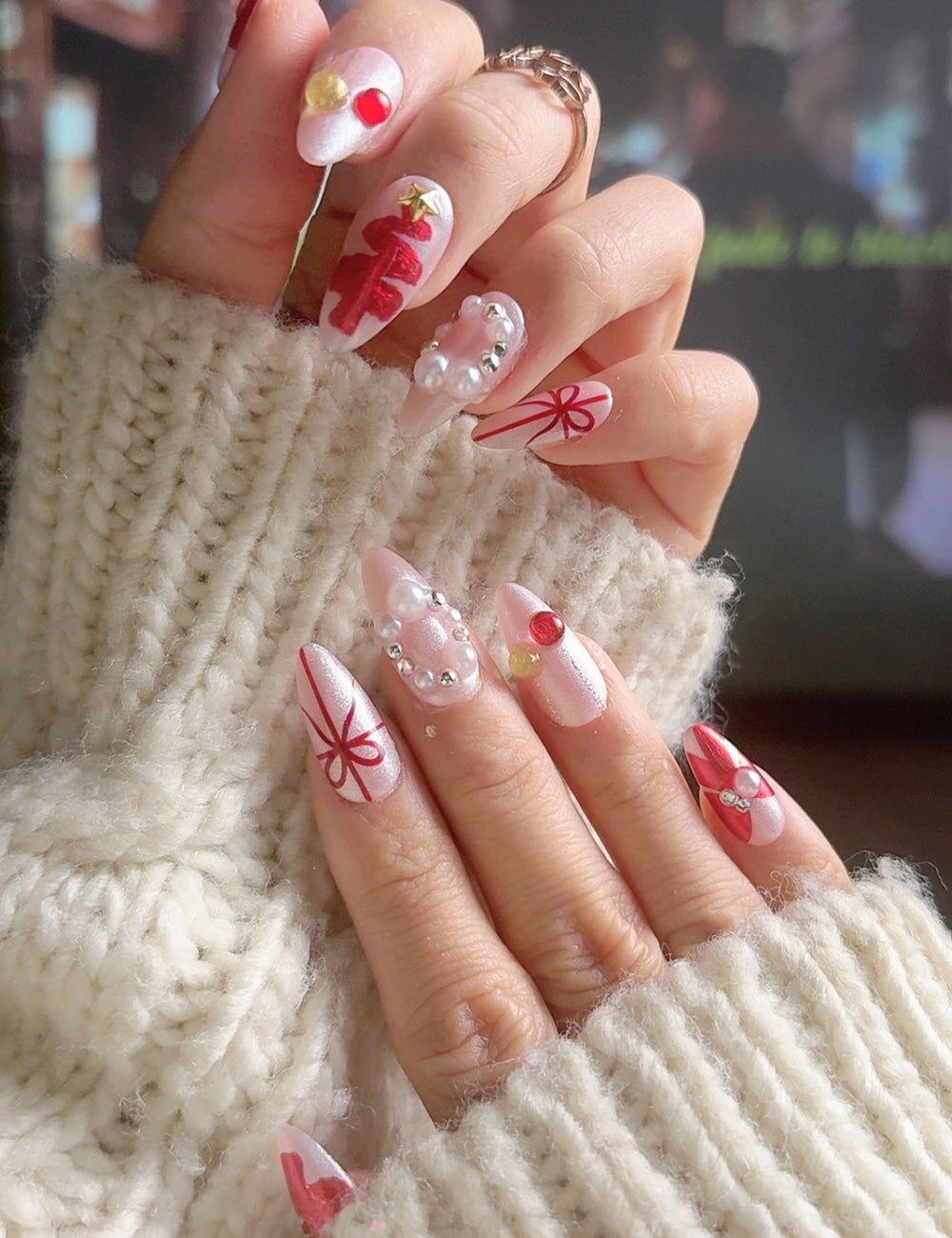 Medium Almond Pink With 3D Red Christmas Tree — Christmas Tree Nails
