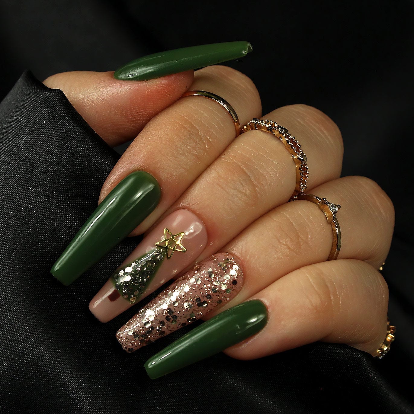 Long Stiletto Square Dark Green With Gold Glitter — Christmas Tree Nails