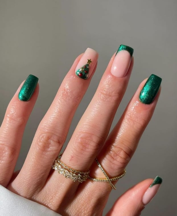 Short Square Pink With Green Glitter Tree French Tip — Christmas Tree Nails