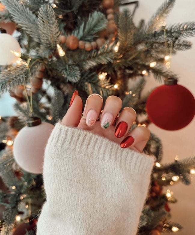 Short Square Nude Red With Minimalist Green Tree — Christmas Tree Nails