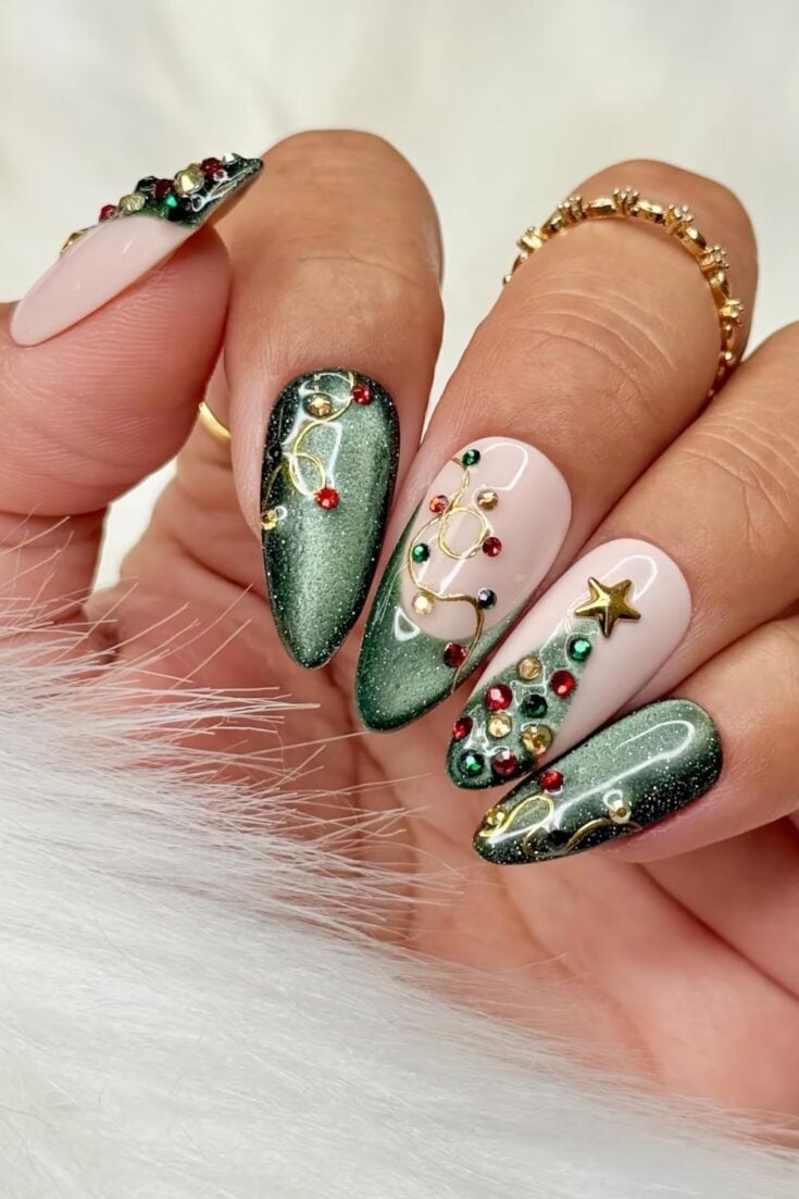 Green Cat-Eye Almond Nails With Gold Wire Trees — Christmas Tree Nails