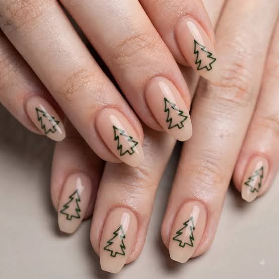 Short Almond Nude With Dark Green Tree Outline — Christmas Tree Nails