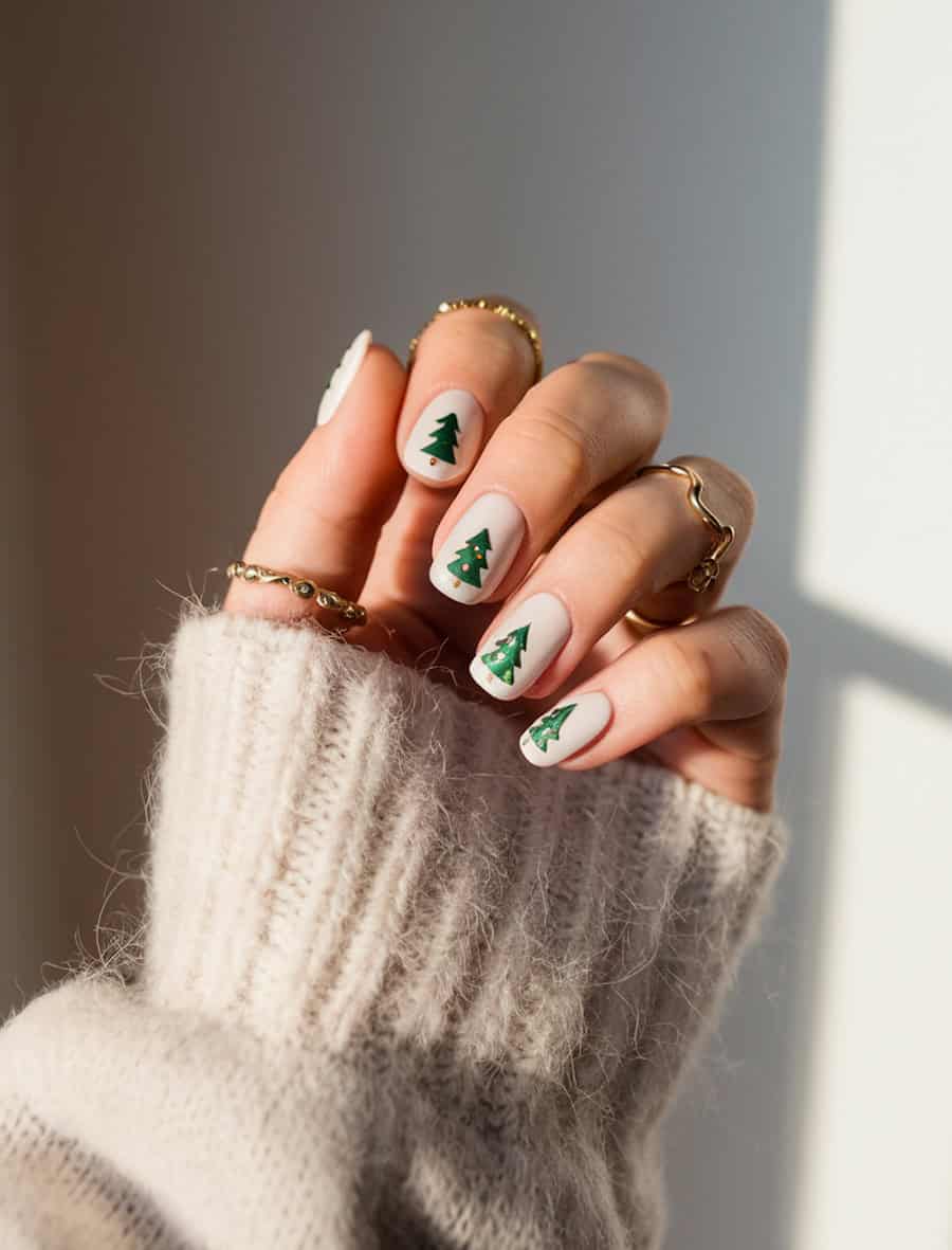Short Square Off-White With Simple Green Trees — Christmas Tree Nails