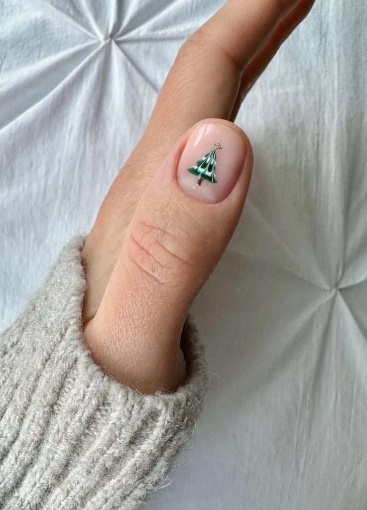 Short Square Nude With Tiny Green Christmas Tree — Christmas Tree Nails