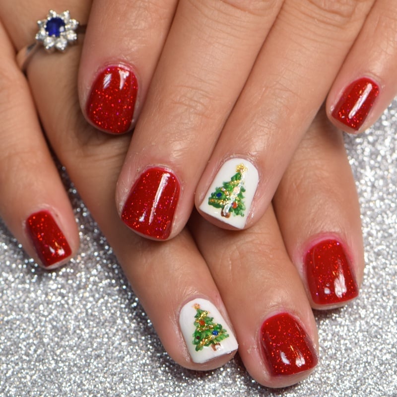 Short Almond Red With White Green Christmas Trees — Christmas Tree Nails