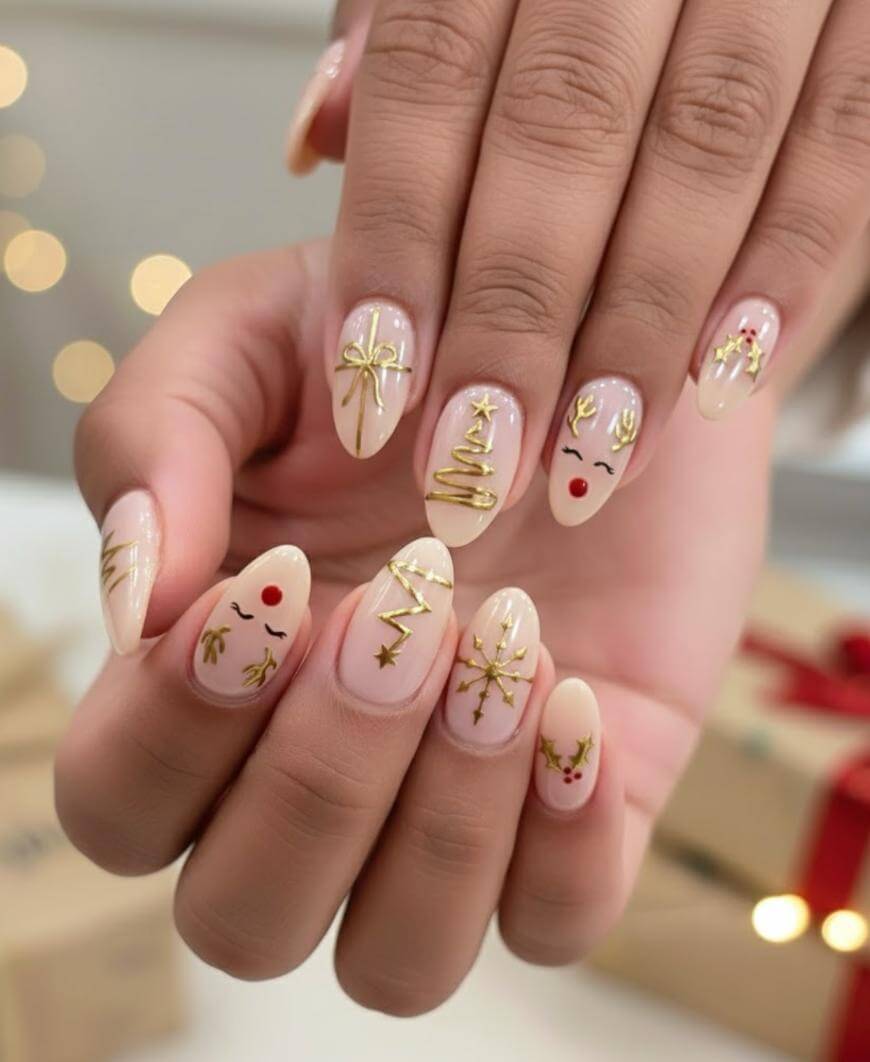 Medium Almond Olive Green With Gold Embellishments — Christmas Tree Nails