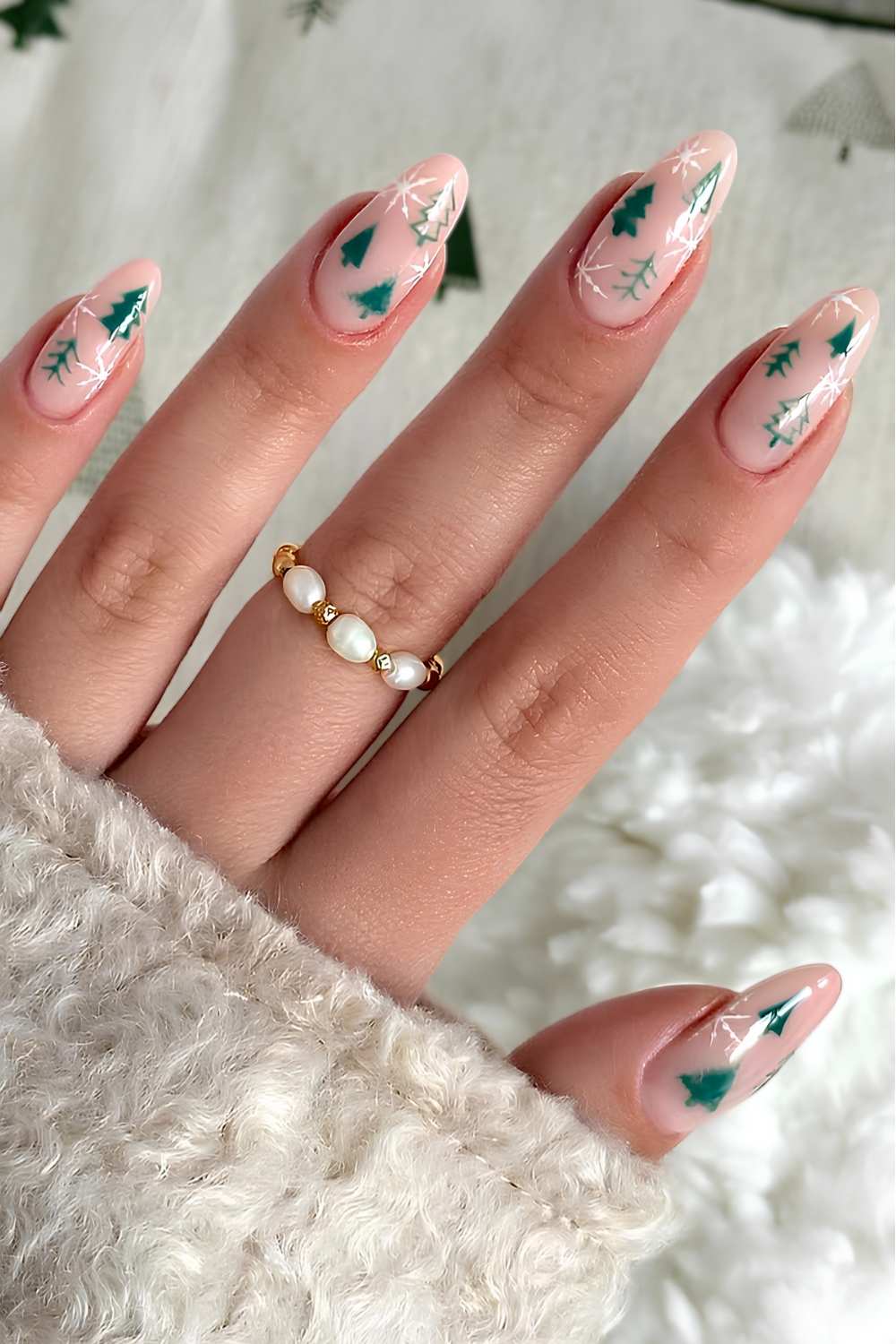 Long Almond Sheer Nude With Repeating Tree Pattern — Christmas Tree Nails