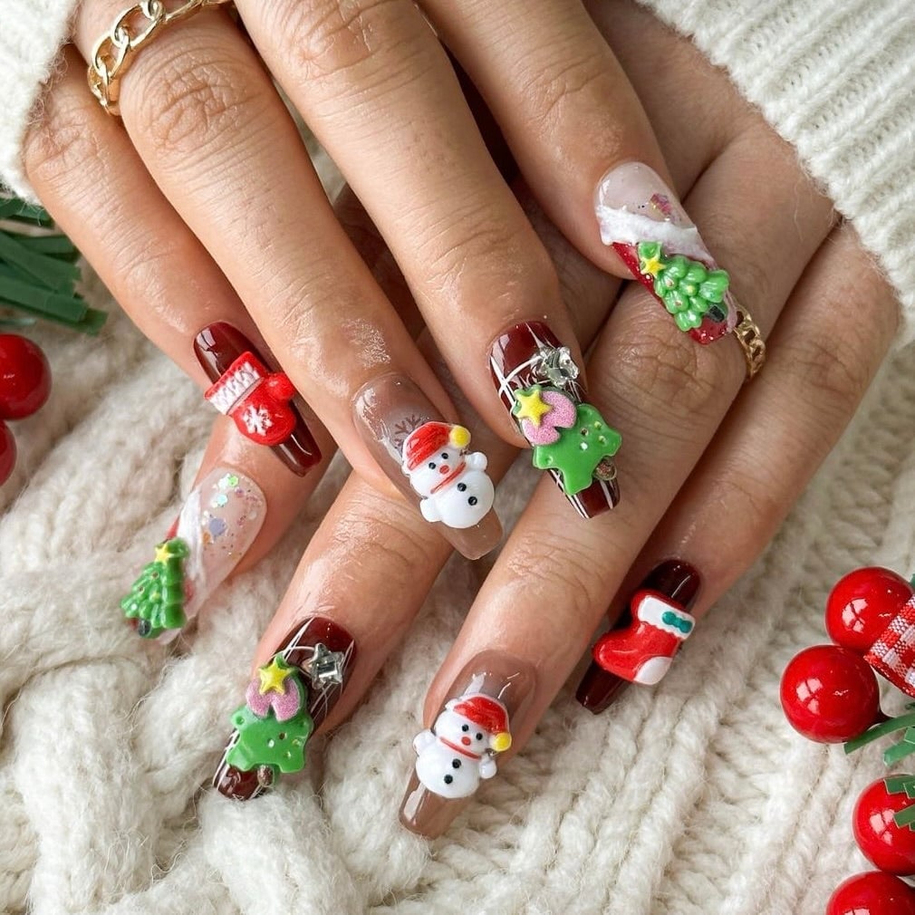 Long Almond Burgundy Nude With 3D Christmas Figures — Christmas Tree Nails