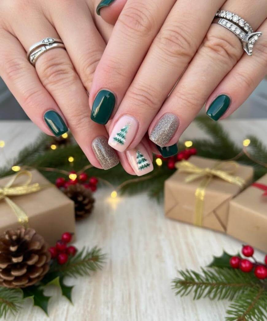 Short Square Deep Green Nude With Glitter Trees — Christmas Tree Nails