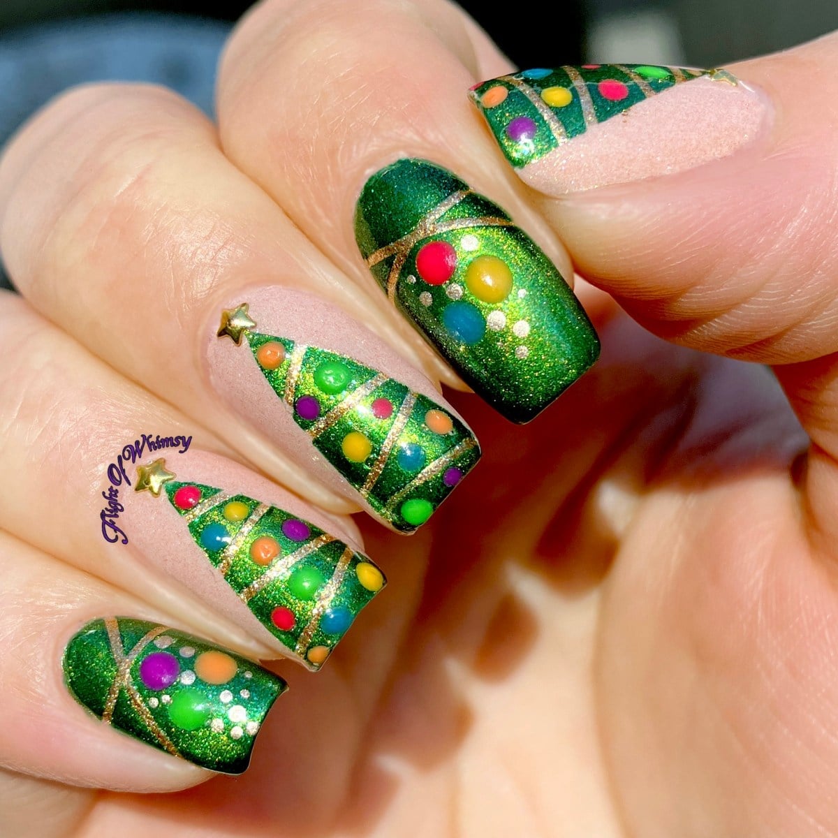 Short Square Emerald Green With Bejeweled Trees — Christmas Tree Nails