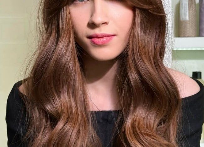 Cinnamon Copper Brown Long Layers with Fringe for Heart-Shaped Faces