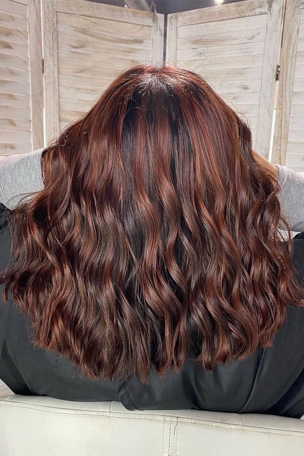 Mid-Back Layers With Cinnamon Highlights, Wavy Mid-Back Layers With Cinnamon Highlights, Wavy — Cinnamon Hair