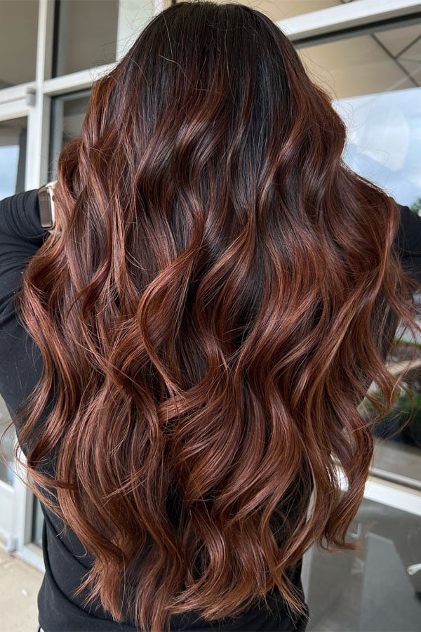 Mid-Back Layers With Cinnamon Highlights, Everyday Version Mid-Back Layers With Cinnamon Highlights, Everyday Version — Cinnamon Hair
