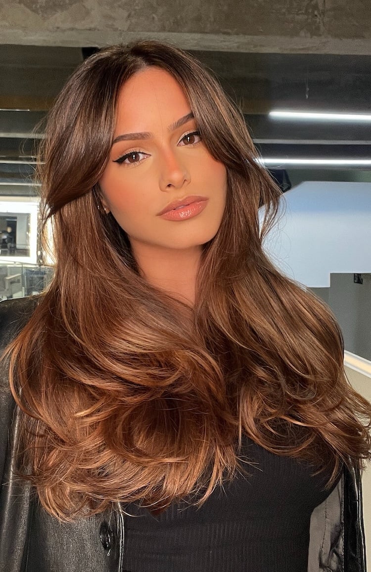 Mid-Back Layers With Curtain Bangs Mid-Back Layers With Curtain Bangs — Cinnamon Hair