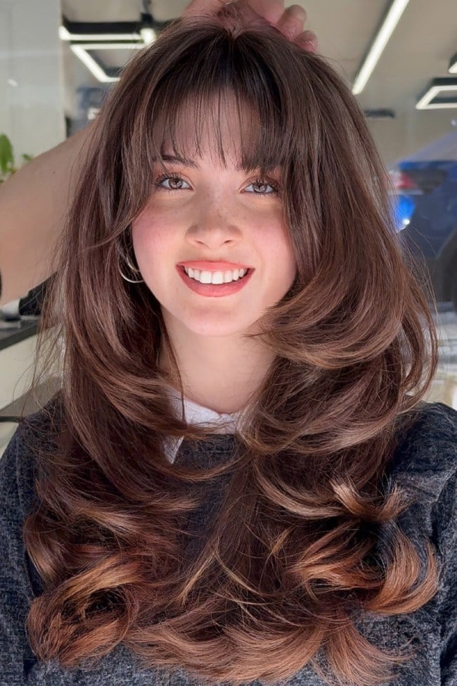 Mid-Back Layers With Curtain Bangs and Blowout With Soft Waves Mid-Back Layers With Curtain Bangs and Blowout With Soft Waves — Cinnamon Hair