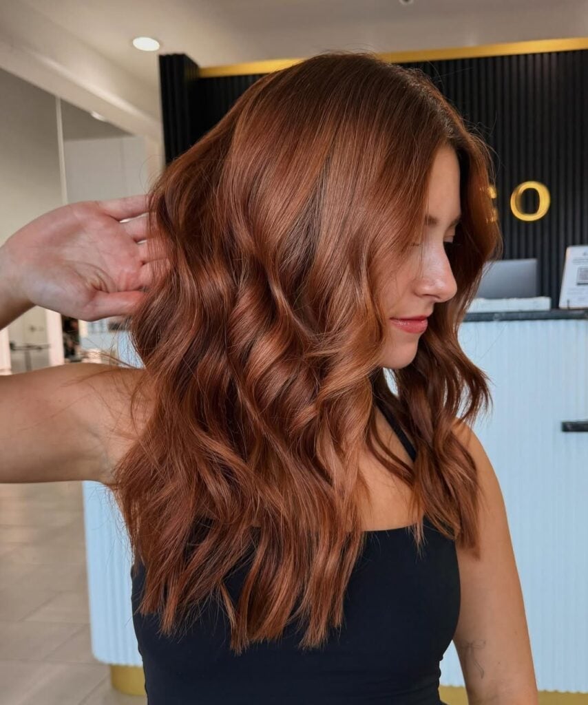 Mid-Back Length With Side-Swept Bangs Mid-Back Length With Side-Swept Bangs — Cinnamon Hair Color