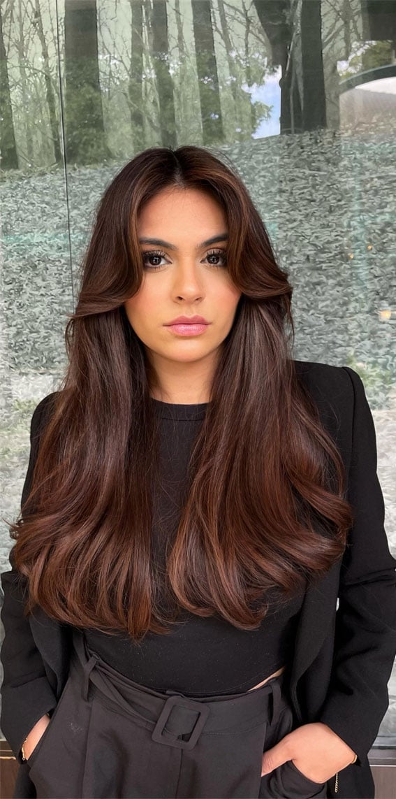 Deep Cinnamon Brown With Curtain Bangs Deep Cinnamon Brown With Curtain Bangs — Cinnamon Hair Color
