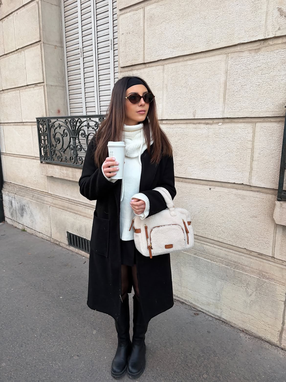 Classic Black Coat With White Turtleneck And Boots